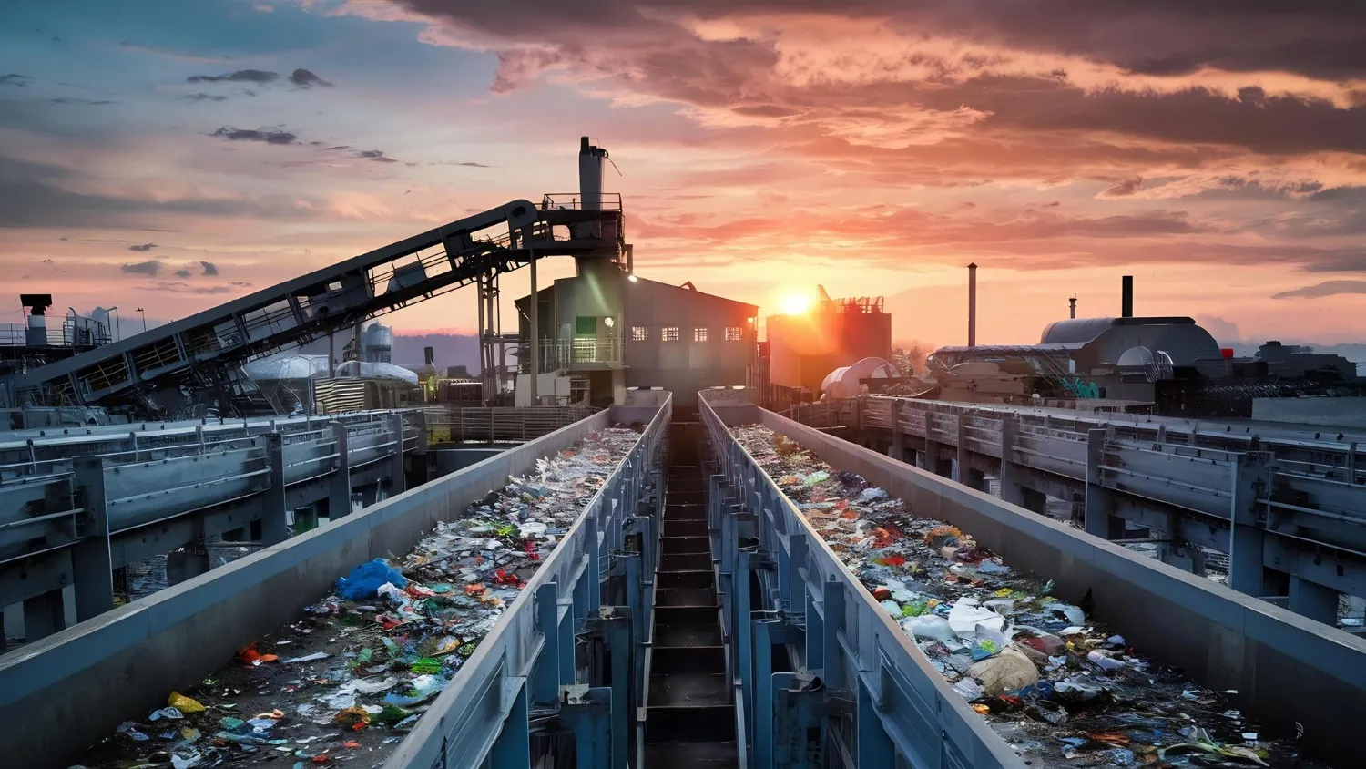 A materials recovery facility at dusk
